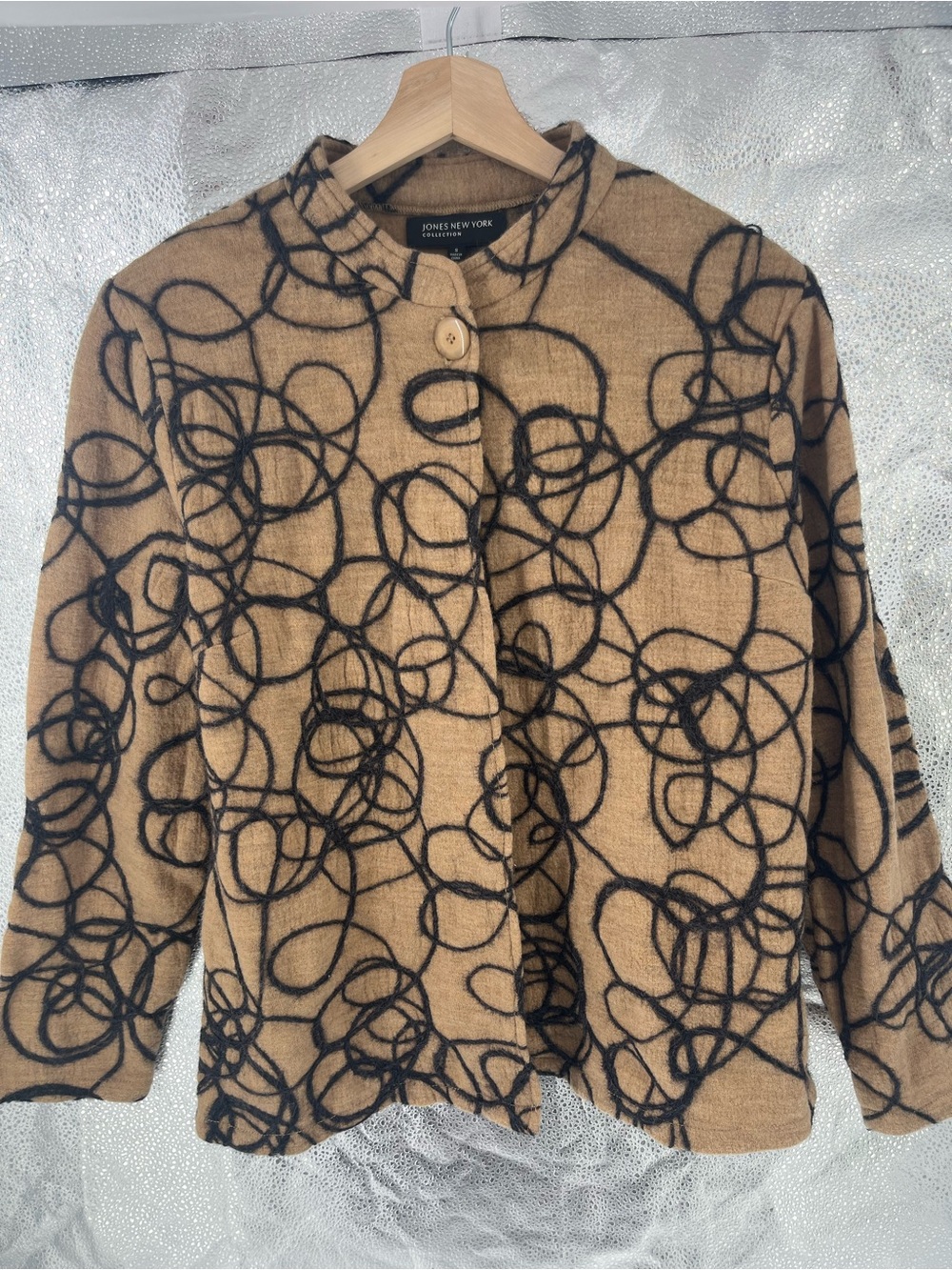 100%Merino Wool Jones NY Collection Scribble Swirl Jacket Layering Camel Artsy S